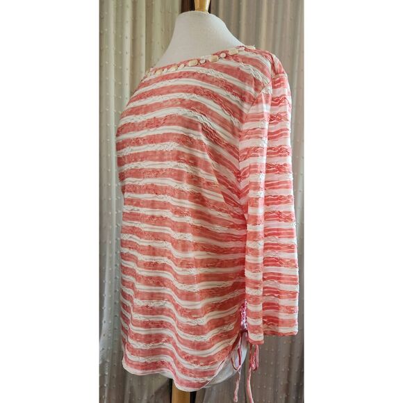 +6 Ruby Rd coral and cream stripe top. Beads around neckline and tie at one side - Picture 1 of 11